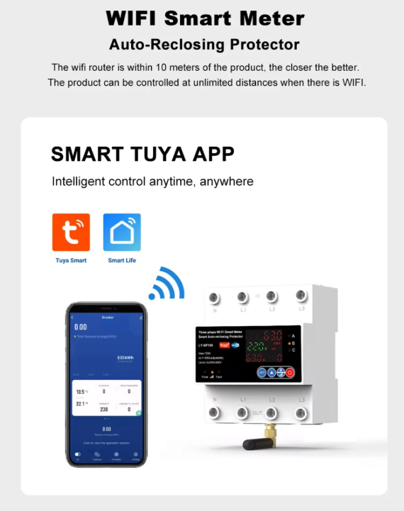 4P 100A Tuya WiFi Three Phase Smart Life Auto-Reclosing Over Under Voltage Protector Smart Meter Timer Switch Circuit Breaker