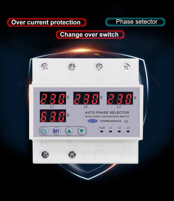 63A 3 phase 3P+N Din rail Auto phase selector adjustable Over and Under Voltage current protection Monitor Relays Protector